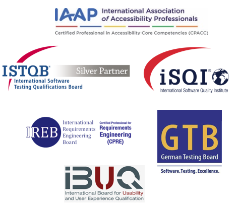 Logosammlung: IAAP International Association of Accessibility Professionals, ISTQB International Software Testing Qualifications Board, iSQI International Software Quality Institute, IREB International Requirements Engineering Board, GTB German Testing Board, IBUQ International Board for Usability and User Experience Qualification