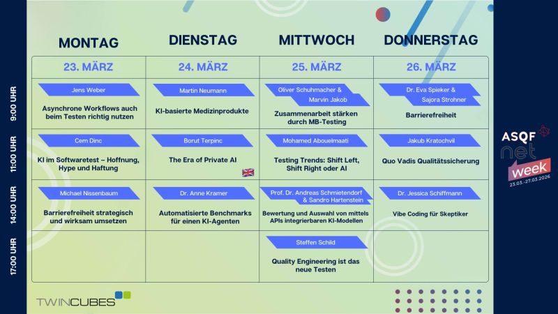 Übersicht der ASQF Net Week 2026 mit den Vorträgen.